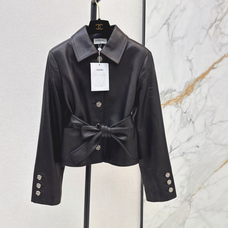 New Fashion Women CC Waist Tie Bow Leather Jacket DM1326091418