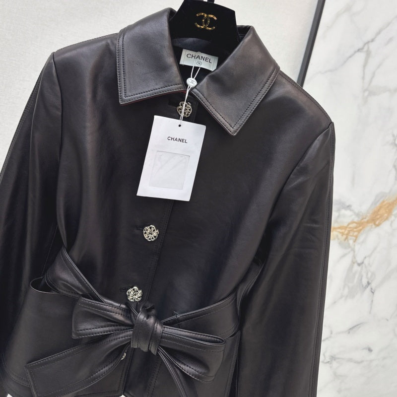 New Fashion Women CC Waist Tie Bow Leather Jacket DM1326091418
