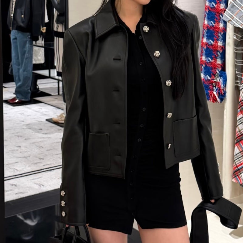 New Fashion Women CC Waist Tie Bow Leather Jacket DM1326091418