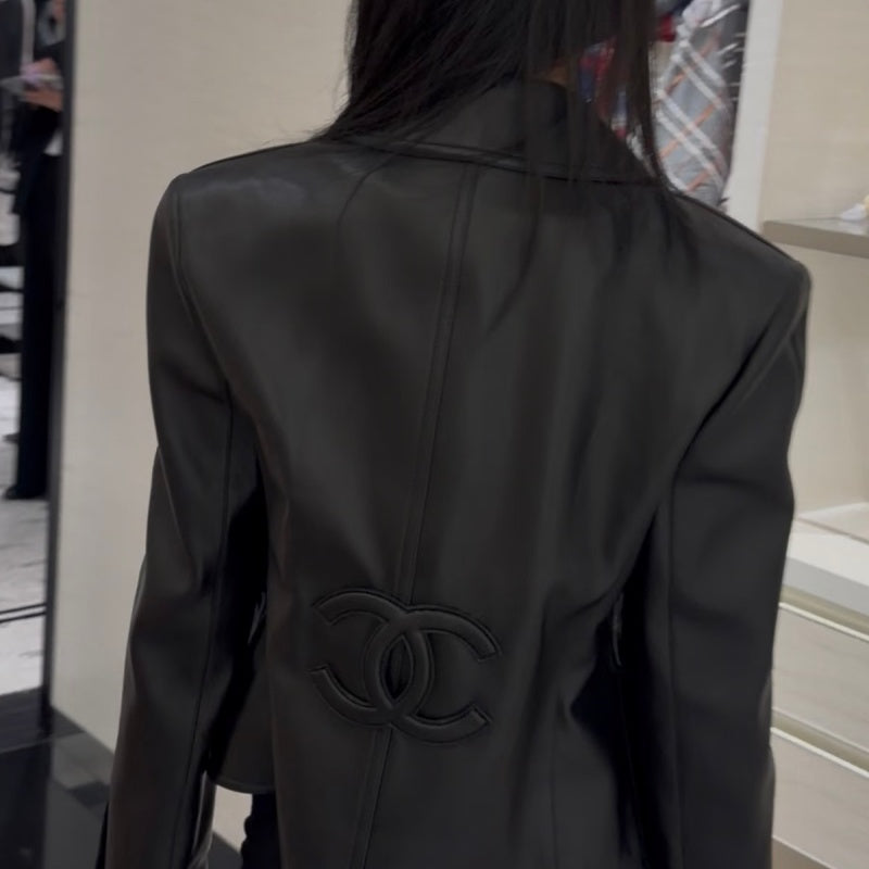 New Fashion Women CC Waist Tie Bow Leather Jacket DM1326091418